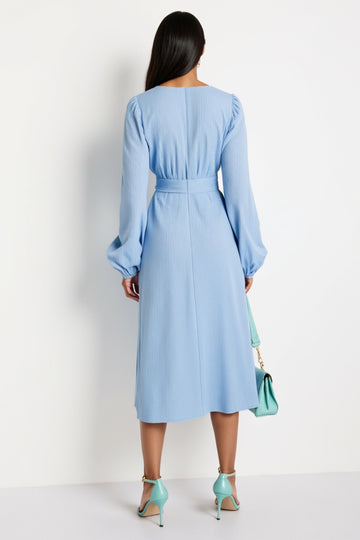 Blue V-Neck A Line Work Dress with Long Sleeves
